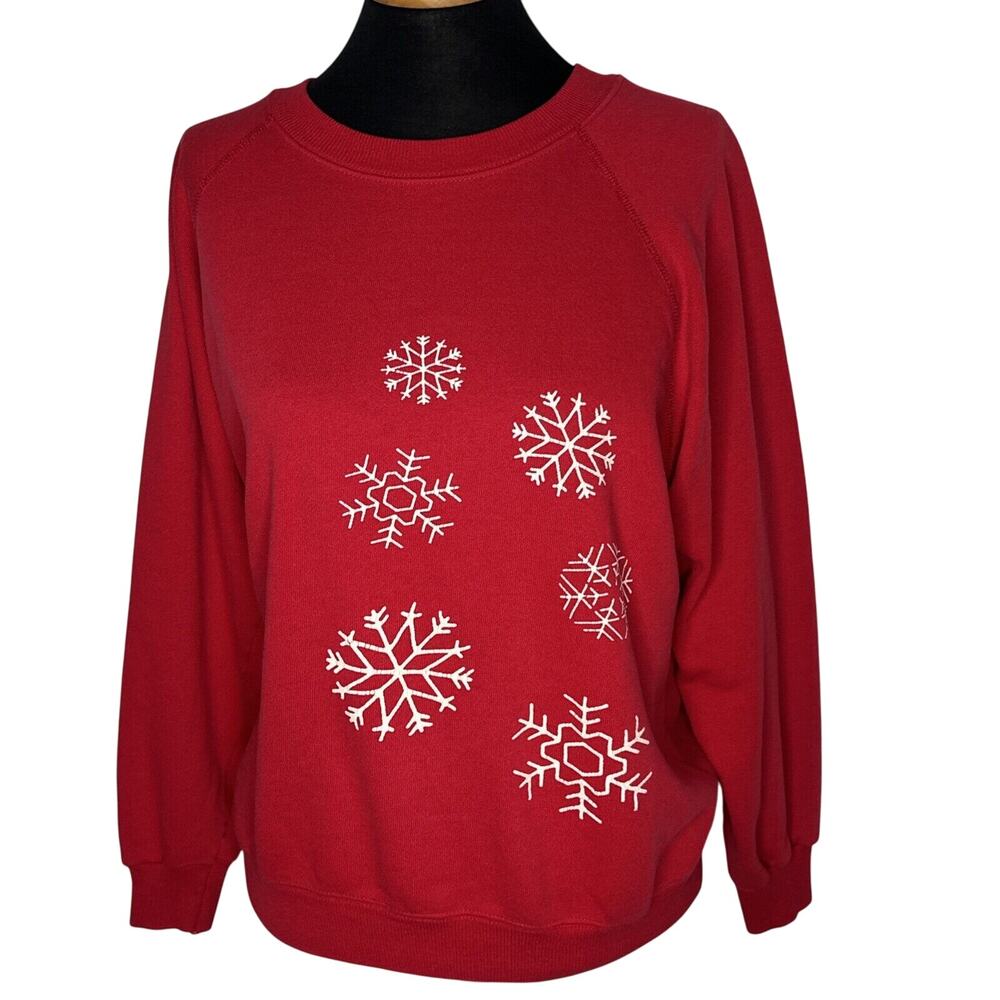 Vintage Hanes Mens Womens Red Medium Sweatshirt Snowflakes Xmas 90s USA
